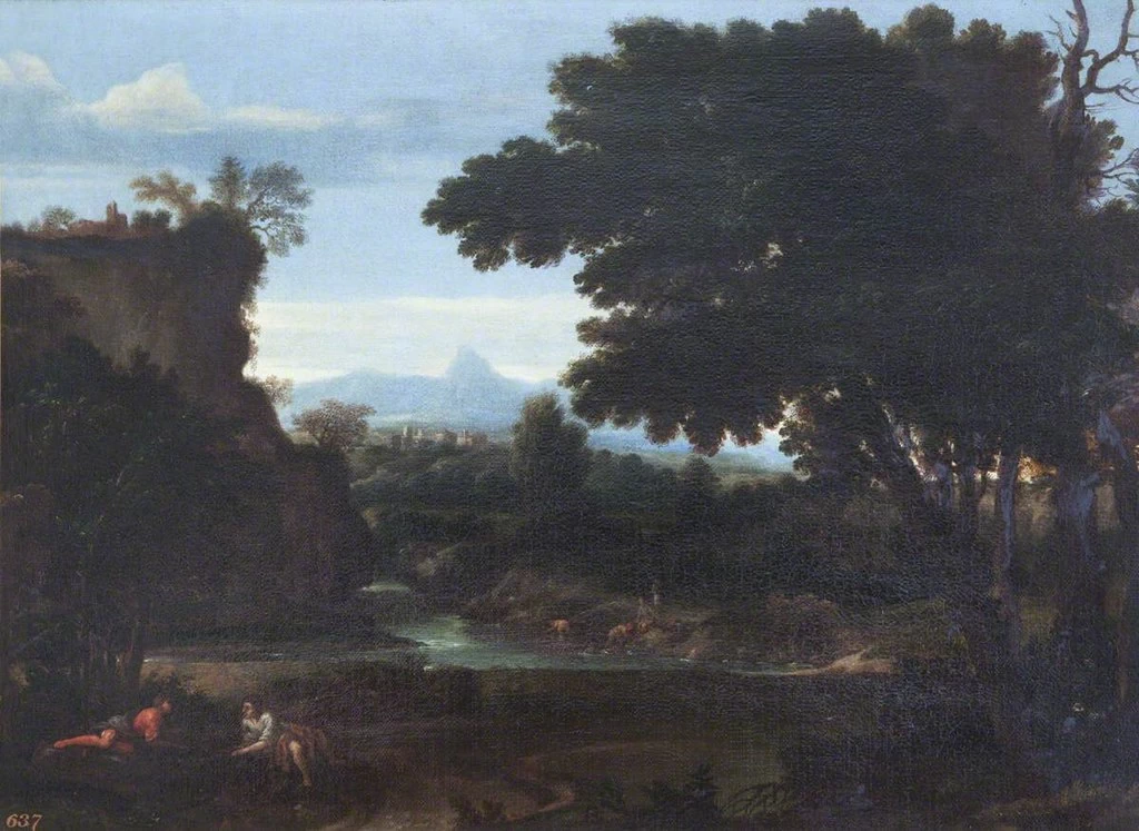 Paesaggio classico, con figure che si bagnano in un fiume - National Trust